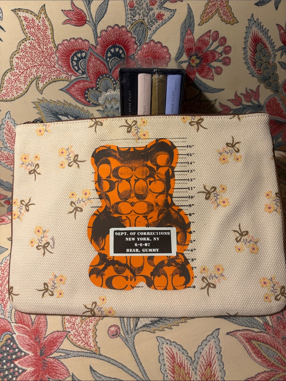 Coach Vandal Gummy Canvas Bear Printed Large Pouch - Cream & Orange EUC